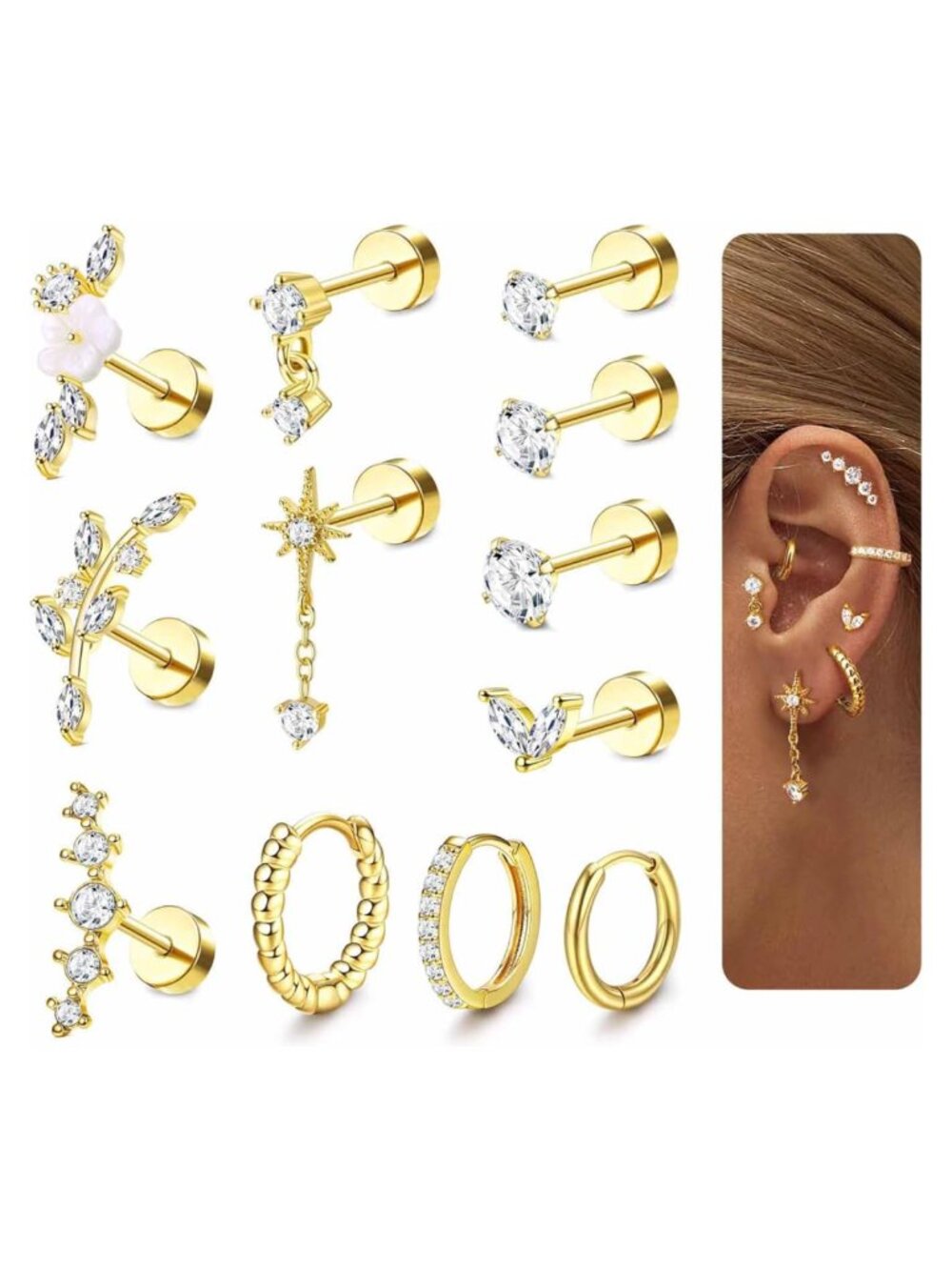 16G Flat Back Cartilage Stud Earrings Stainless Steel Set